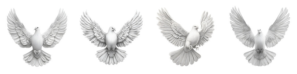 Obraz premium Magnificent white dove sculptures captured in various dynamic poses, showcasing intricate feathers and elegant forms, perfect for artistic inspirations or decorative designs.