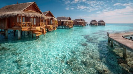 Overwater bungalows line a turquoise lagoon, connected by a wooden pier under a vibrant blue sky; shallow, clear water reveals the ocean floor
