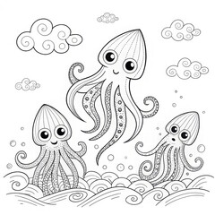 Cute and Playful Octopuses in a Whimsical Underwater Scene
