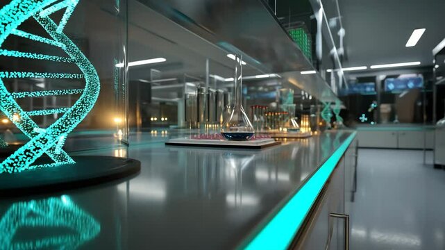 Modern laboratory interior with glowing DNA model and labware