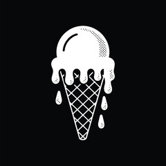 Melting ice cream cone graphic white design isolated on white background. Set of Melting Ice Cream Cone Illustrations – Black and White Vector Icons of Dripping Waffle Cones, Summer Dessert Sketches