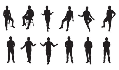 Obraz premium Black silhouette illustrations of men in various poses on a white background