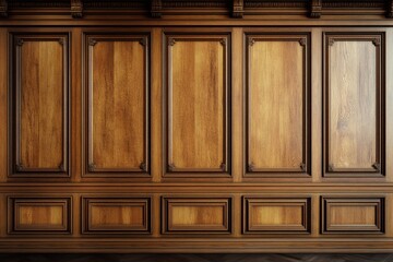 Elegant wooden wall paneling with carved frames and rich, warm tones. Use it as a backdrop for portraits, interiors, or historical themes.