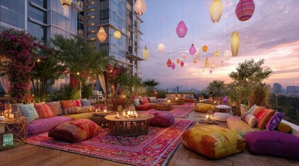 Rooftop lounge with vibrant rugs, colorful pillows, low seating, fire pits, and hanging lanterns at sunset