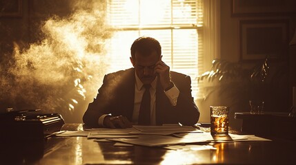 Man in suit sitting at desk with smoke and drink in dimly lit office near window with blinds open