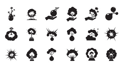 Fototapeta premium Collection of black and white silhouette explosions and bomb icons for design elements