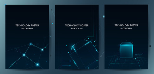 Blockchain technology poster set. Digital sharing data connection network with cryptocurrency concept