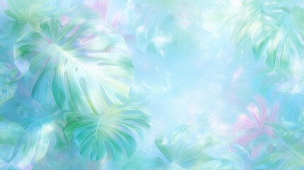 Dreamy Pastel Background with Blurred Tropical Leaves