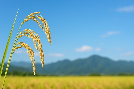 稲穂が垂れ、米の収穫間近の日本の秋の田んぼの風景