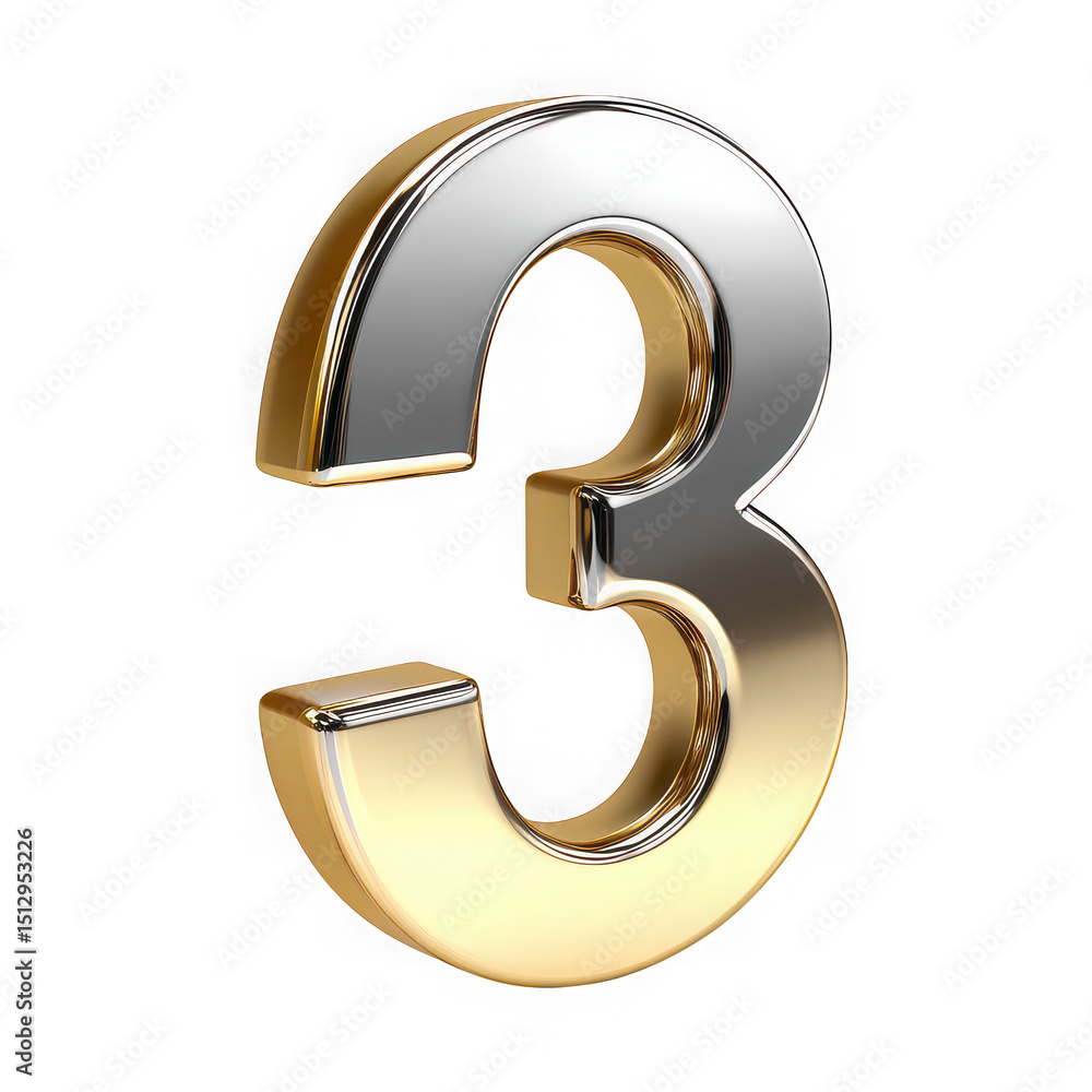 Poster a shiny metallic number three with a gold bottom and silver top on a black isolated background on tr