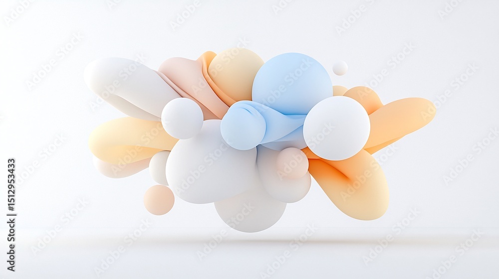 Poster pastel abstract 3d render of floating blobs and cylinders