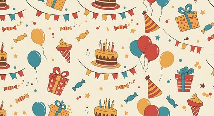Seamless birthday pattern with party decoration elements such as cake with candles, balloons, candies, gifts, decorative garlands and stars. Modern vector illustration.