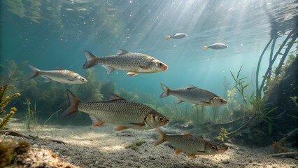 Shoal of bigeye chubs with native freshwater fish in river scene