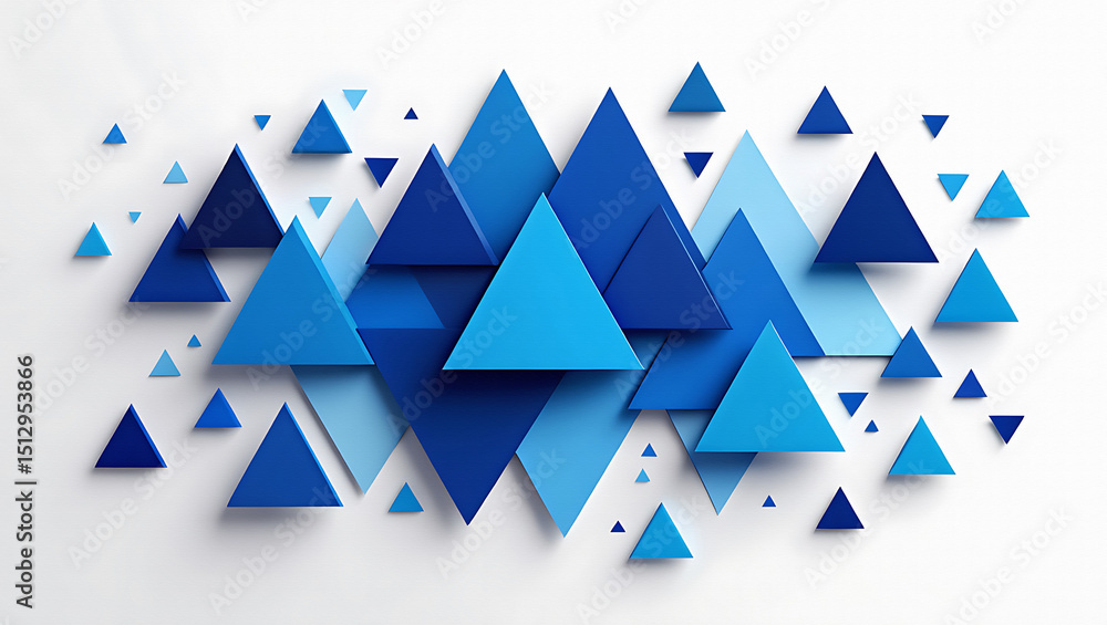 Poster an abstract arrangement of various sized blue triangles on a white background creating a pattern