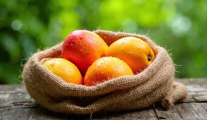 Fresh Mangoes in a Rustic Burlap Sack. AI generated.
