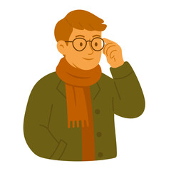 Vector illustration of a man in glasses and autumn clothes with a scarf, isolated on white background.
