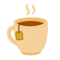 Vector illustration of a beige tea cup with tea bag and steam, isolated on white background.