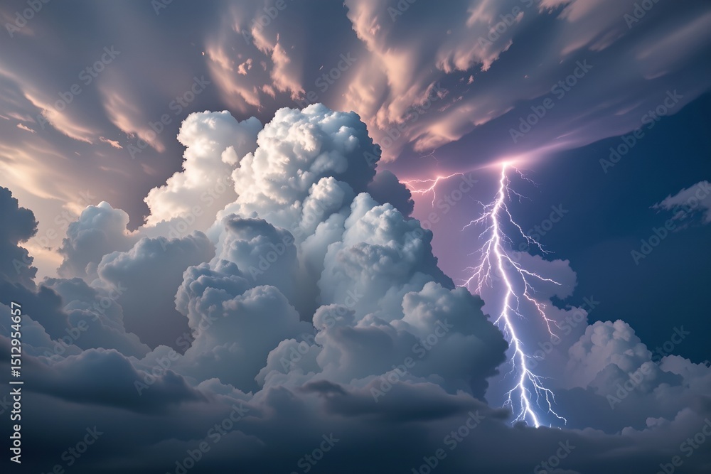 Poster macro effect emphasizing the texture of cloud formations and the sharpness of lightning strikes with