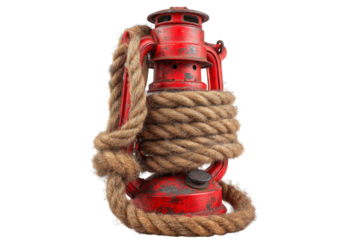 Red vintage lantern wrapped in hemp rope nautical theme
