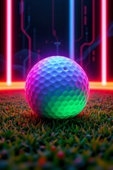 futuristic digital rendering with glowing outlines and neon colors highlighting the golf ball.
