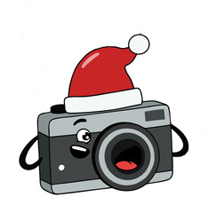 cartoon camera with red Santa hat, happy expression, snowflakes background, flat style.