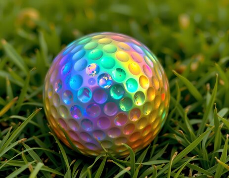 iridescent or holographic style with shiny, shifting colors reflecting on the golf ball.
