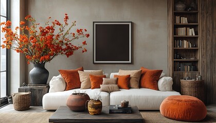 Living room mockup with ivory sofa orange pillows and vibrant flowers

