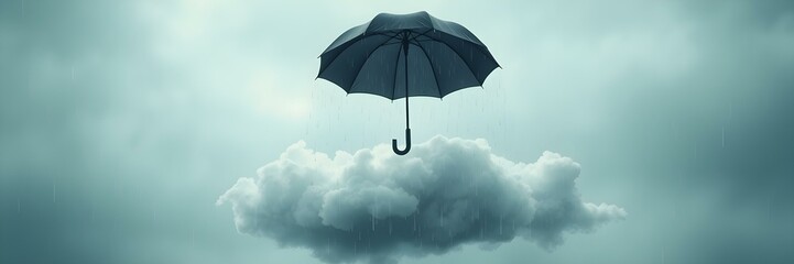 Umbrella on Cloud: A lone umbrella floats serenely above a soft, fluffy cloud, symbolizing protection and the calm within a storm. This minimalist composition is evocative of security and resilience.