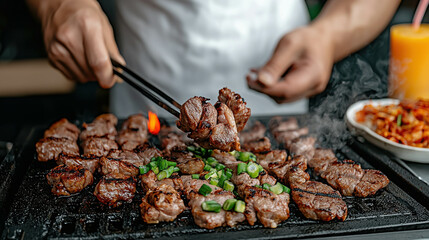 Chef grilling tender marinated beef on hot grill with green onions, smoky flavor filling the air, perfect for food enthusiasts and culinary events
