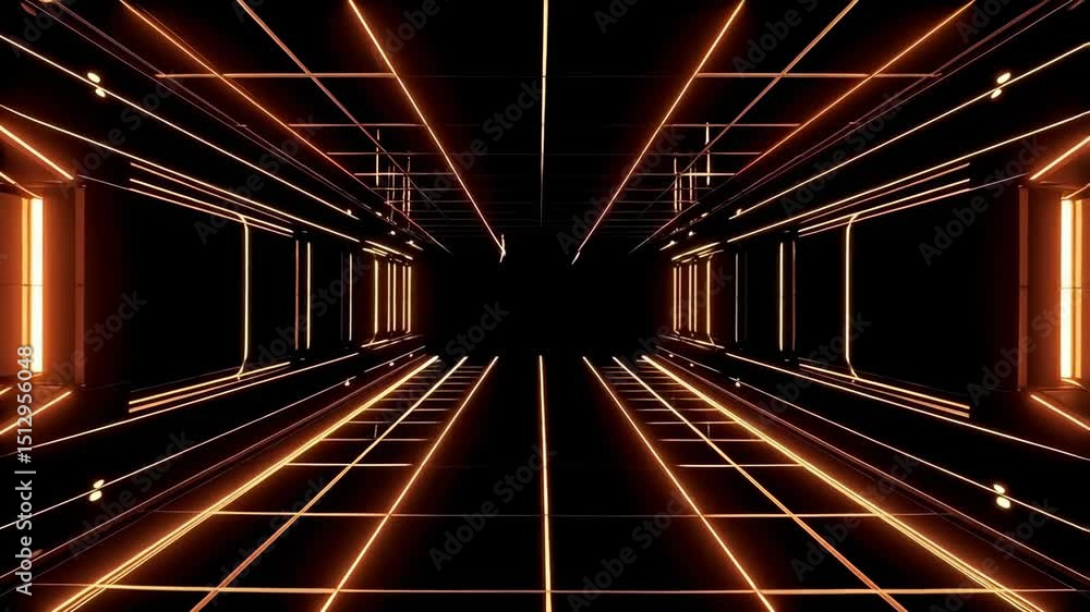 Poster abstract perspective of a geometric tunnel with orange neon glowing lines and squares in a dark spac