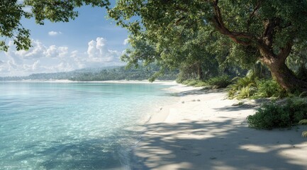 Tranquil tropical beach scene; turquoise water laps a white sand shore shaded by lush green foliage and a large tree, with distant hills under a partly cloudy sky