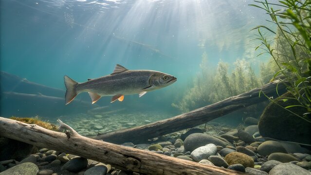 Alaska whitefish swimming in clear cold river with natural surroundings