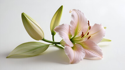 Obraz premium Lily blossom and bud side by side on a bright white surface, highlighting their delicate form