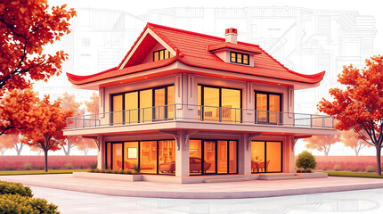Fototapeta premium House with Red Roof, Balcony and Autumn Tree