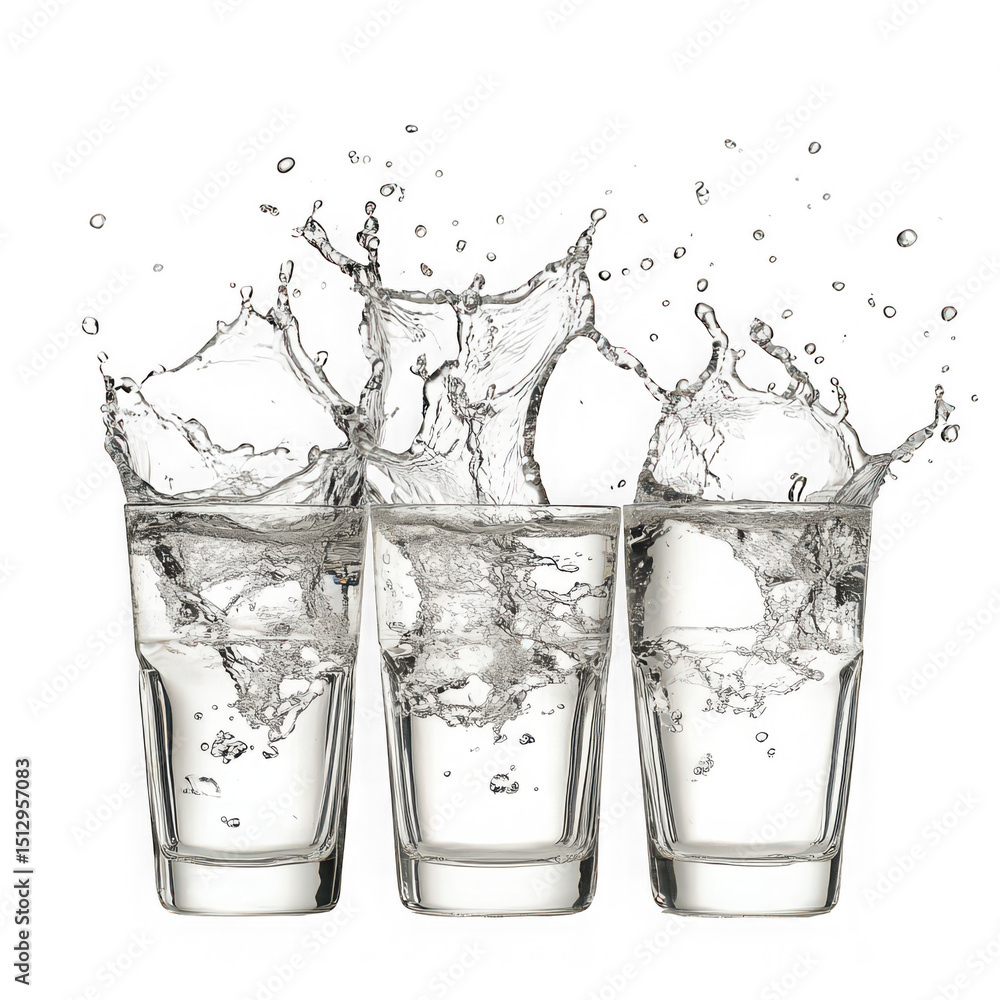 Poster three glasses filled with water creating a splash effect against a black colored background view sho