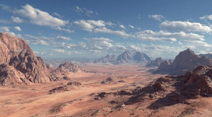 Expansive desert vista; red rock formations rise from a flat, sandy plain under a partly cloudy sky.  Distant mountains create a layered horizon