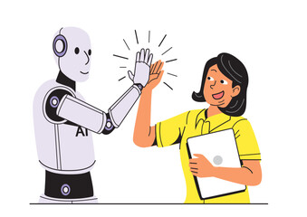 A joyful woman giving a high five to a friendly AI robot, celebrating teamwork in a vibrant and modern environment.
