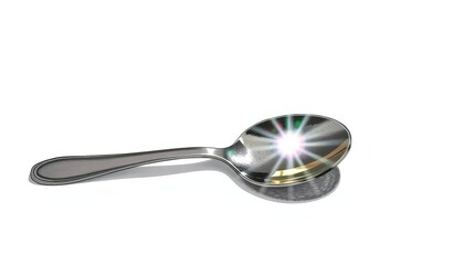 A metallic spoon with a bright, radiant light reflecting within its bowl, set against a white background