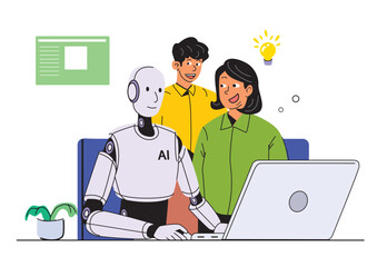 A smiling AI robot collaborating with a woman and a young man at a laptop, fostering creativity and innovative ideas in a bright setting.
