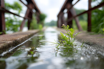 Flooded Abandoned Bridge with Submerged Rusted Supports, Broken Railings, and Overgrown Weeds
