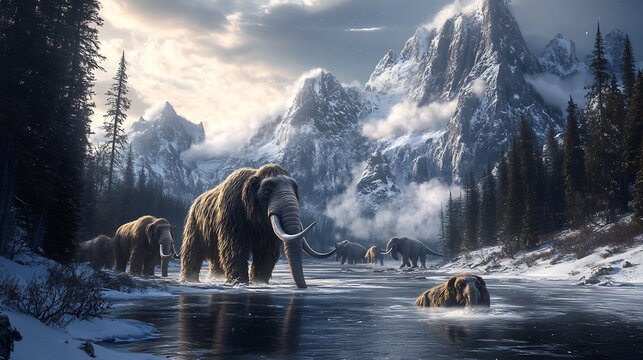 Frozen prehistoric landscape where mammoths and dinosaurs coexist their breath visible in the icy air stunning natural realism