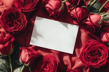 A blank white card rests on a crimson fabric, encircled by a profusion of deep red roses, casting soft shadows