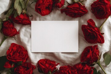 Blank card nestled amongst a ring of deep red roses on a textured white fabric backdrop