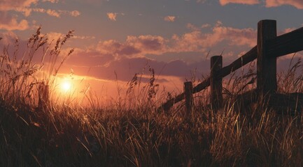 Vibrant sunset hues paint the sky above a rustic wooden fence, silhouetted against tall grasses in a tranquil, idyllic field. Warm light bathes the scene