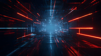 Obraz premium High-speed journey through a futuristic digital tunnel with glowing red and blue neon lights and a motion blur effect