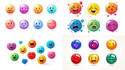 Collection of vibrant, glossy, circular emoticons expressing diverse emotions, including happy, sad, surprised, and loving faces, arranged in various configurations against a white background