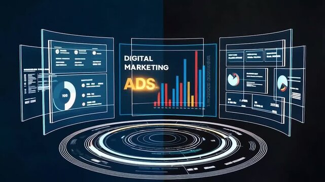 Futuristic Digital Marketing Interface with Analytics and Touchscreen Technology