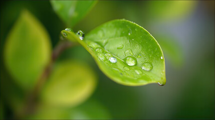 Fototapeta premium Fresh green leaf with glistening water droplets, a symbol of nature's delicate beauty