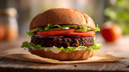Delicious Vegan Burger A Close-Up View of a Plant-Based Delight on a Wooden Surface