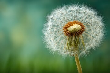 Close-up of a mature dandelion seed head, showcasing its delicate white pappus against a blurred teal and green background.  The central brown receptacle is clearly visible